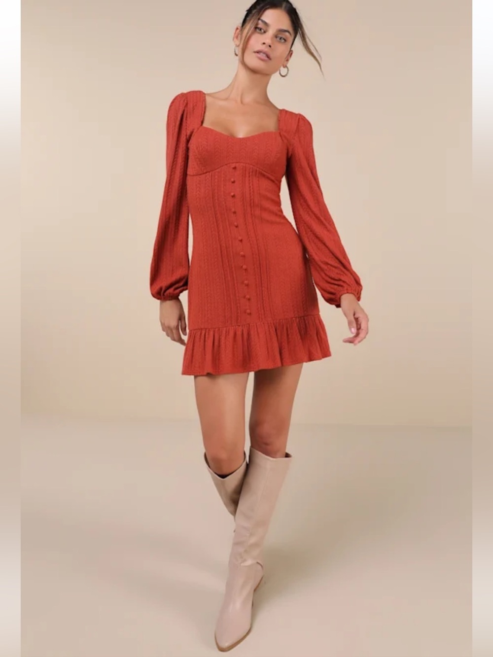 NWT Lulus Coveted Sweetness Rust Pointelle Knit Long Sleeve Mini Dress